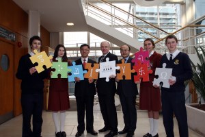Students Emmet Bunbury, Maks Drazewski, Katie Griffin and Aoife O'Connor pictured with Mr Wu Lijun, Counsellor, Embassy of the People’s Republic of China in Dublin, Prof Vincent Wade, Director of CNGL, and Mr Xiaochuang Wu, Education Secretary, Embassy of the People’s Republic of China in Dublin
